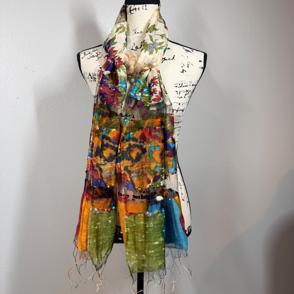 Mixed Media Scarf Multicolor Floral Patchwork Lightweight Sheer Fringe Boho